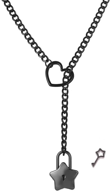 KOFISNI Heart O-ring Slip Chain Necklace For Women Punk Rock Stainless Steel Cuban Long Handmade Necklace Jewelry Gifts Adjustable Lariat Y-Necklace Heart Locker With Key