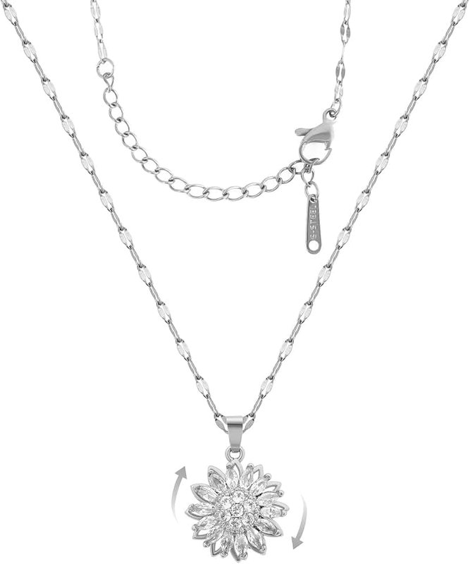 KONPJE Sunflower Fidget Necklace for Women Gold Moon Necklace Rotating Heart Necklaces Spinning Crystal Flower Anxiety Necklaces Crescent Moons Jewelry Accessories