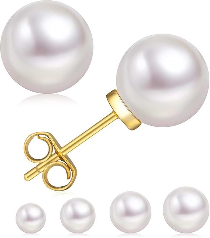 KRKCLIFE AAAA+ Freshwater Pearl Stud Earrings for Women, 5.5-7.5MM Round White Real Pearl Earrings in 14K Gold/White Gold, Hypoallergenic Earrings Gift with Selected Genuine Cultured Pearls