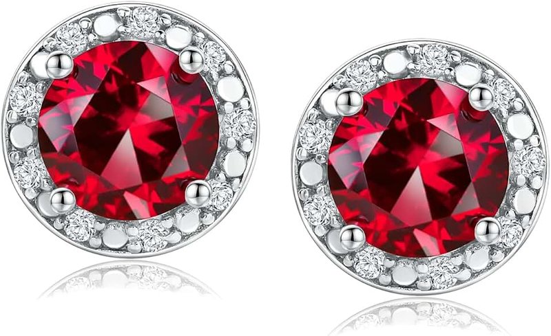 DAYBYDAY Birthstone Earrings for Women 925 Sterling Silver Halo Stud Earrings, Small Round/Cushion/Heart Gemstone Earrings Birthstone Jewelry