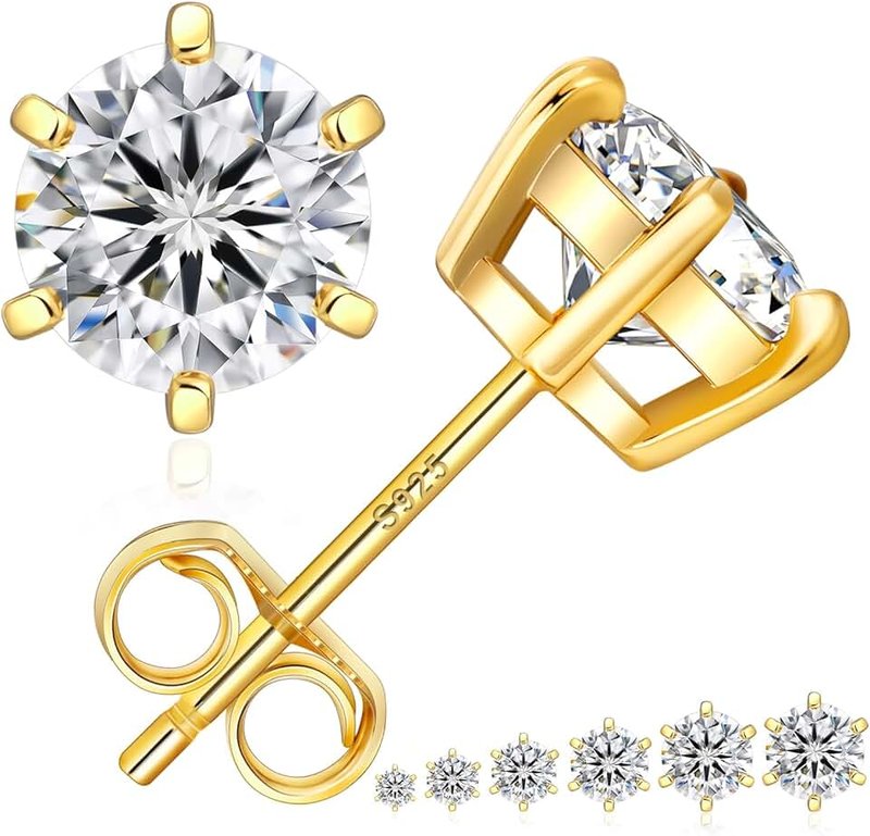 KRKCLIFE Moissanite Studs Earrings for Women Men, Lab Created Diamond Stud Earring in 14K Gold, D Color, VVS1, 6 Prong Setting, S925 Sterling Silver Hypoallergenic Jewelry