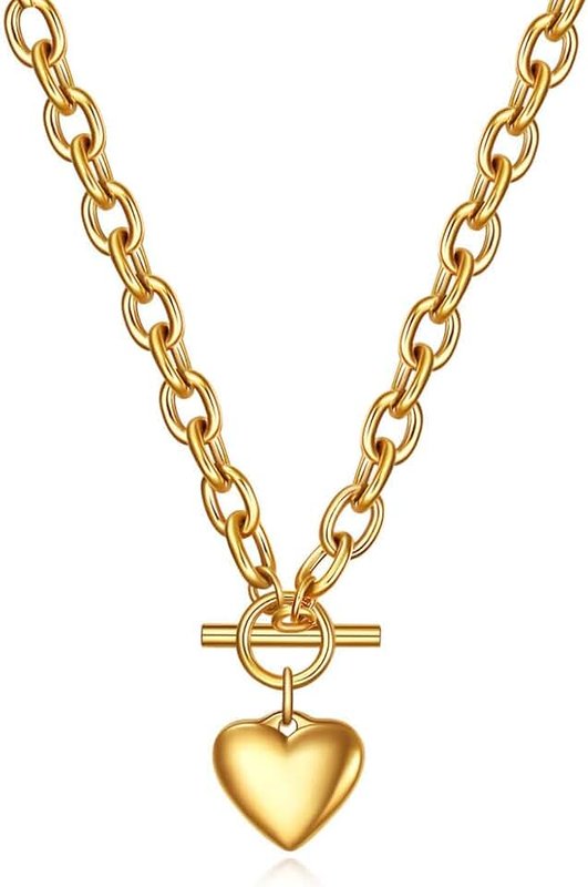 VCCKNB JEWELRY Chain Necklace for Women 18K White Gold Plated Chunky Cuban Chain Link Necklace with Heart Moon Hypoallergenic Jewelry for Women