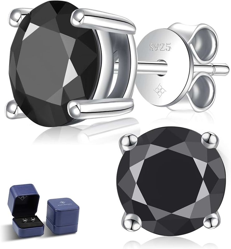 N9NEMUSES Black Moissanite Earrings for Men,1-2CT Moissanite Stud Earrings,D Color VVS1 Simulated Diamond 925 Sterling Silver Solitaire Earrings for Men Women Jewelry Gifts