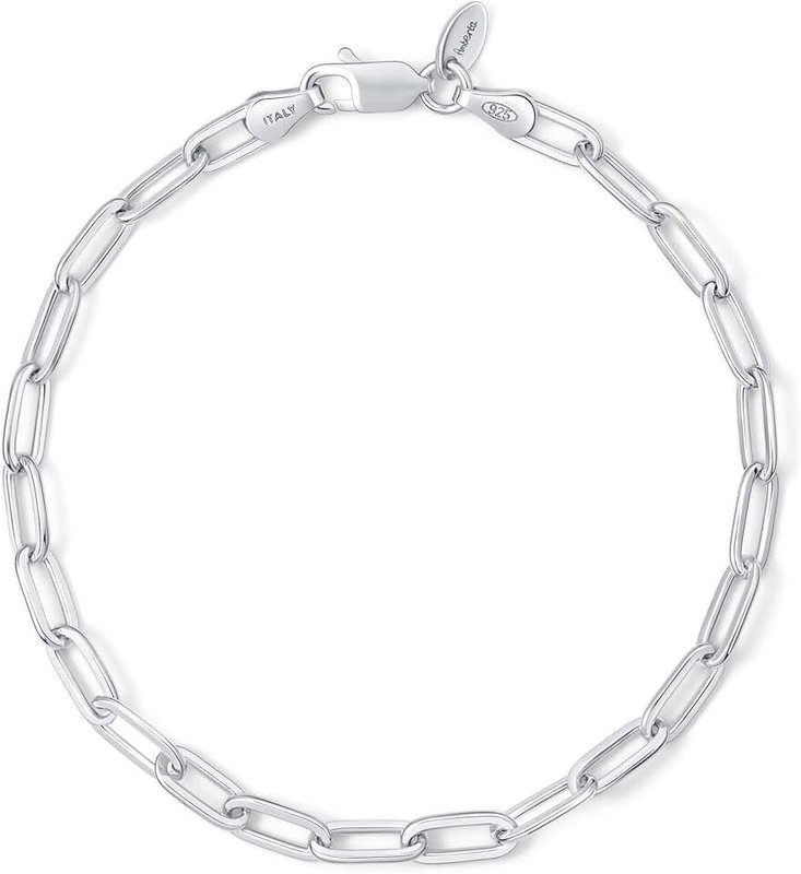 Amberta Solid 925 Sterling Silver Paperclip Bracelet for Women Men | Italian Paperclip Link Chain Bracelet | Silver Link Charm Bracelet 7 8 inch