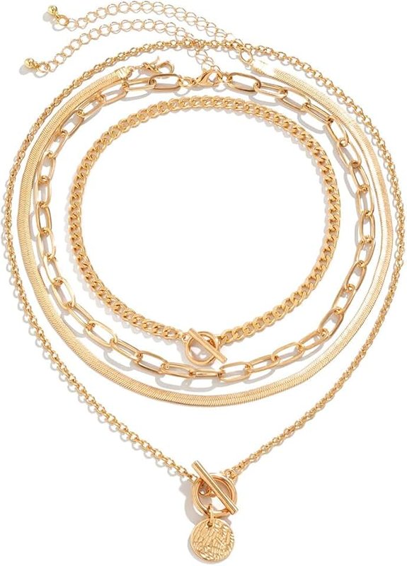 CYWQ 4pcs Layered Gold Necklaces Stack for Women,Chunky Gold Necklace Herringbone Paperclip Chain Necklace Retro Coin Medallion Pendant Jewelry Gifts