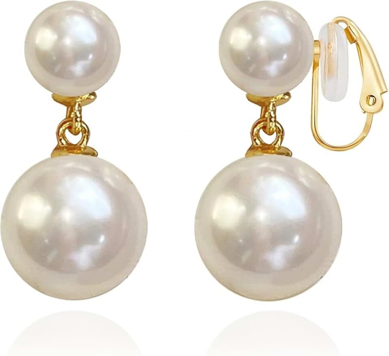 OWADAR Pearl Clip on Earrings 18K Gold Plated Balls Pearl Dangle Earrings for Women Non Pierced Earrings