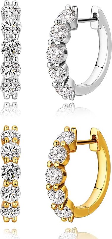AllenCOCO Sterling Silver Cubic Zirconia Hoop Earrings and 14k Gold Earrings, Hypoallergenic Diamond Huggies Earrings for Women