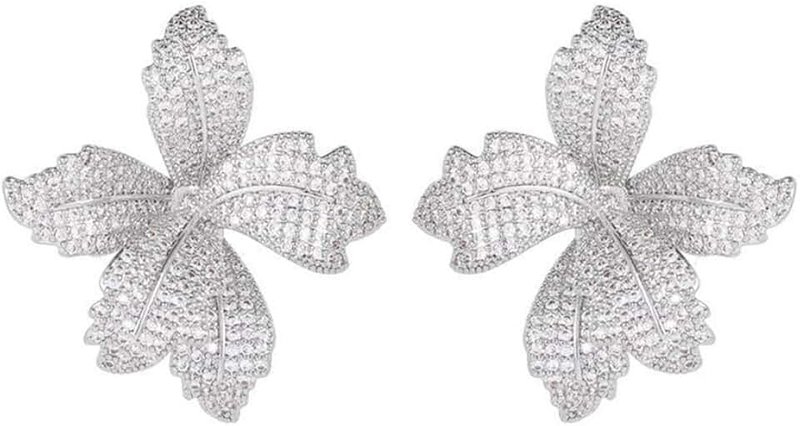 NewZenro Luxury Big Flower Cubic Zirconia Crystal Statement Stud Dangle Earrings for Women Dainty 925 Sterling Silver Post Diamond Petal Large Flowers Huggie Studs Hypoallergenic Fashion Trendy Jewelry