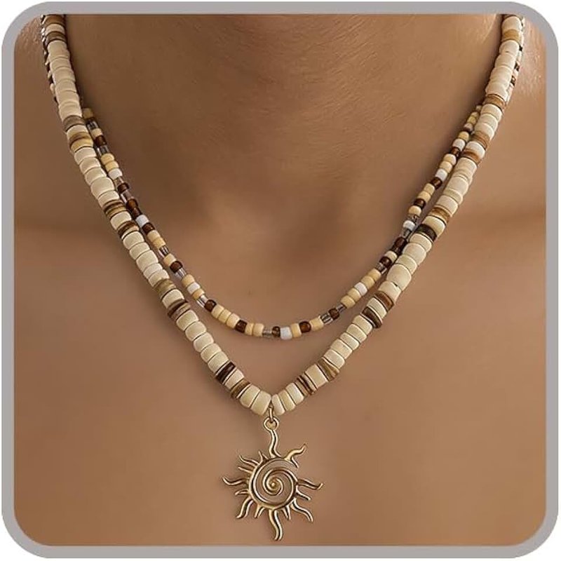 ONBRIG Puka Shell Necklace for Men - Surfer Wooden Beaded Coconut Shell Beach Jewelry - Hawaiian Summer Accessory