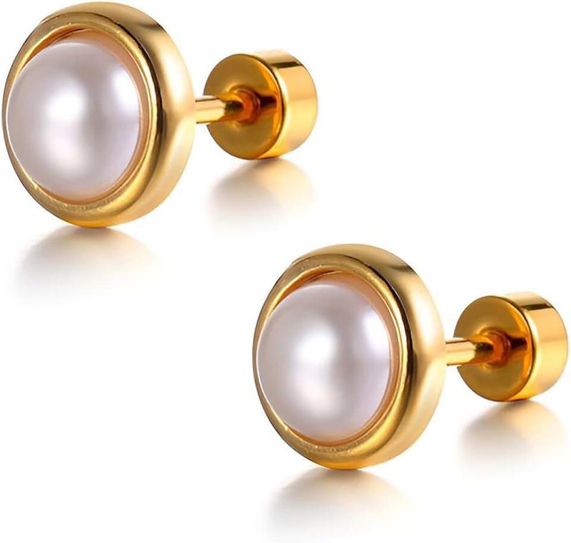 TONLUYAX White Pearl Stud Earrings for Women Flat Back Earrings Cartilage Earring | Small Stud Earrings for Women Jewellery, Stainless Steel, No Gemstone