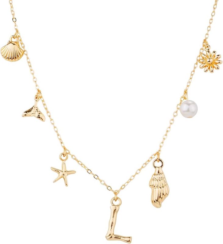 Mikovivi Initial Charm Necklace for Women, Gold Shell Letter Necklace, Seashell Starfish A-Z Alphabet Pendant Name Boho Summer Beach Jewelry Gift for Lady Girl Teen