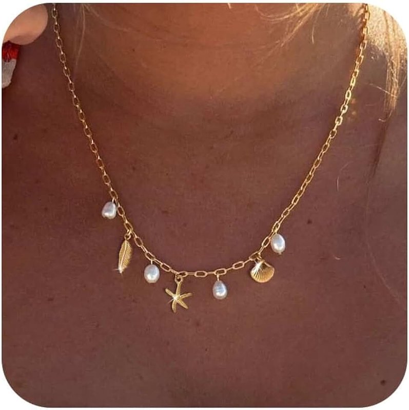 Rumgey Charm Necklace for Women - Dainty Gold Paperclip Beach Charm Necklace Cute Shell Necklace Moon Star Accessory Beach Cross Hexagram Pendant Preppy Stuff Summer Jewelry for Women