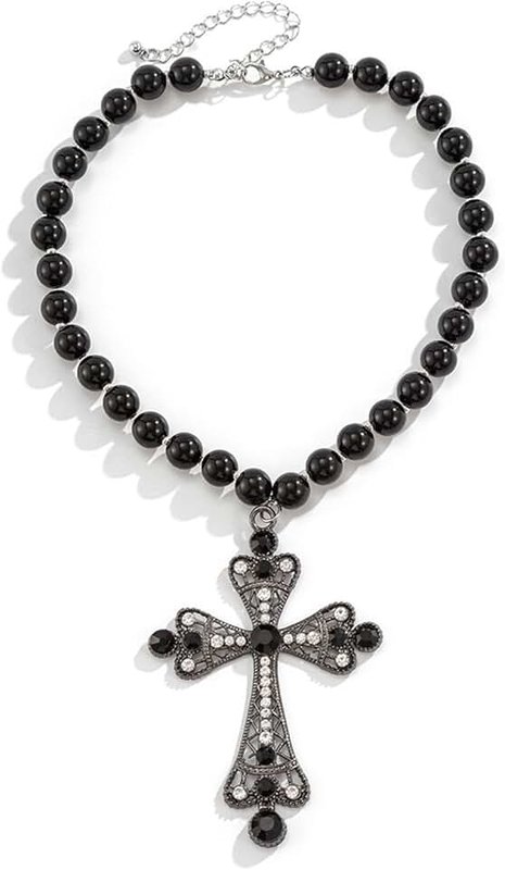 wsycoo Gothic Necklace Pearl Cross Necklaces Big Cross Necklace Chunky Cross Necklace Punk Pearl Cross Pendants Necklace Vintage Charm Necklace Gothic Cross Necklace Goth Jewelry for Women
