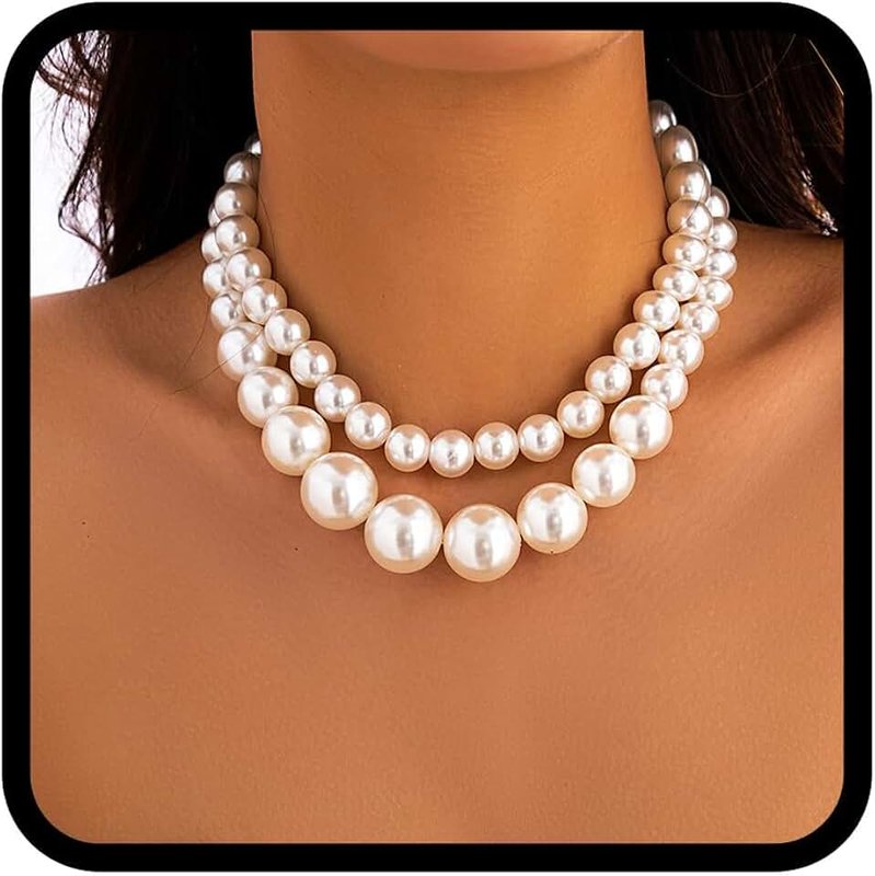 Handcess Pearl Chunky Necklace Beaded Layered Necklaces Choker for Women, Free Size
