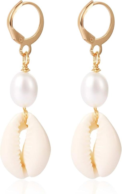 Mikovivi Gold Alloy Pearl Huggie Dangle Earrings, Shell Pearl Earrings, Casual Beachy Modern Style, Unisex, 2 Count, White Pearl, 1cm Hoop, 4.7cm Length
