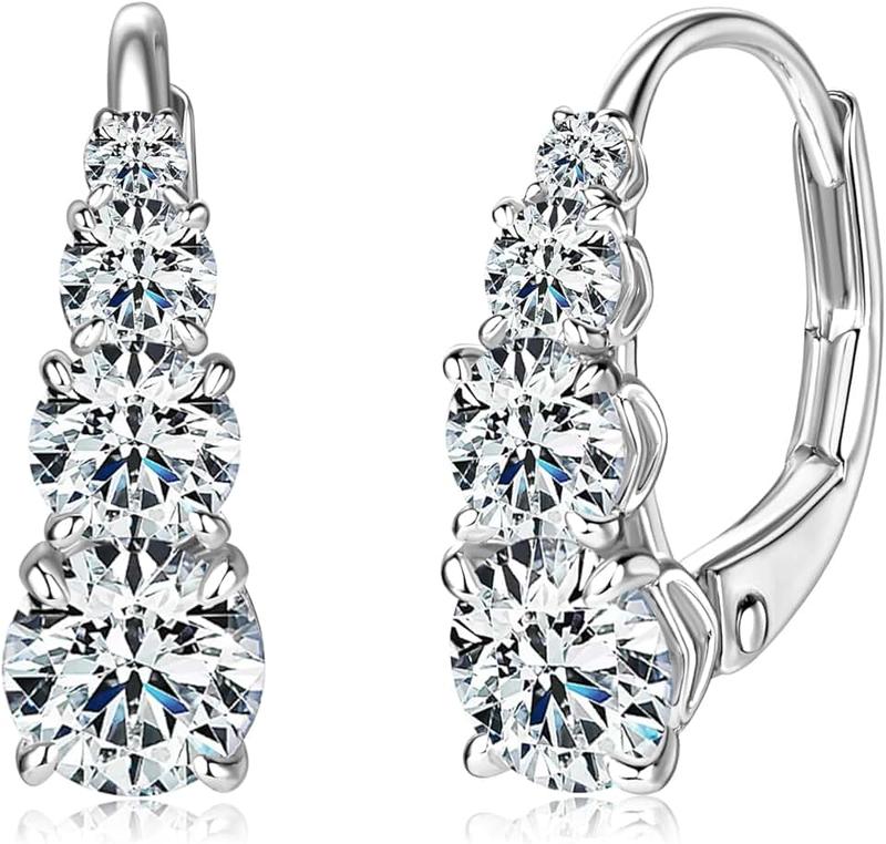 DYUNQ 4 Stone Moissanite Hoop Earrings, 925 Sterling Silver Hypoallergenic Leverback Drop Earrings for Women, D Color VVS1 Lab Created Diamond Round Cut Jewelry Gifts