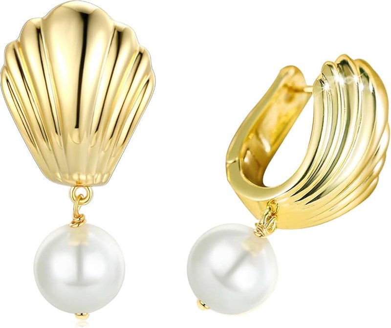AiliFe Women Yellow Gold Pearl Dangle Earrings, 14K Yellow Gold Plated Pearl Drop Earrings
