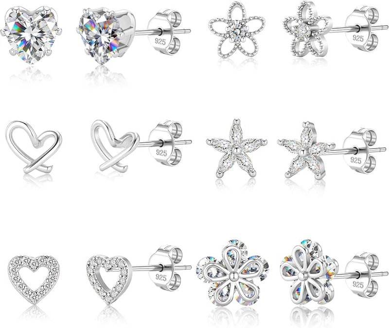 ALEXCRAFT Sterling Silver Stud Earrings for Women Girls Cubic Zirconia Halo Round Heart Square Diamond Large Silver Stud Set