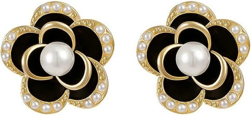 Yokolain Floral Pearl Earrings with Black Enamel, 14K Gold Plated Flower Stud Earrings for Women Camellia Black Earrings Cute Pearl Jewellery, Metal, imitation pearl