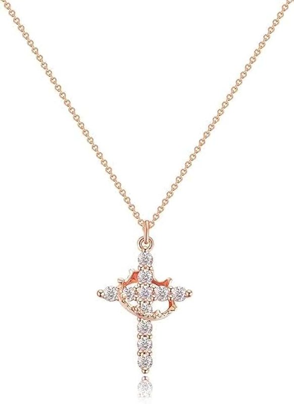 Funsanny Cross Necklace with Crown for Women Gold/Silver/Rose Gold Cubic Zirconia Pendant Necklaces Paved Cross Rotated Crown Necklace Diamond Cross Necklace Cute Tiny Gold Jewelry