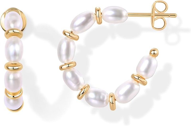 PAVOI 18K Gold Plated Sterling Silver Posts Pearl Hoop Earrings for Women | Bridal Pearl Earrings