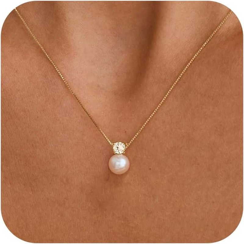 Fwlisesa Pearl Necklaces for Women, 14K Gold Plated Charm CZ Pearl Pendant Necklace Dainty Gold Pearl Choker Necklaces for Women Trendy Gold Necklace Wedding Pearl Jewelry for Women Bridesmaids