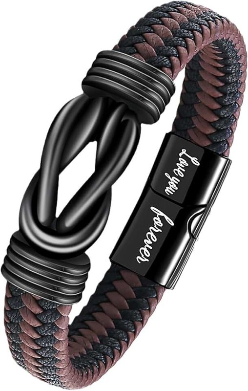 Tomovely Brown Woven Leather Stainless Steel Magnetic Buckle Bracelet With The Words "Forever Love You" Written on it, is The Ideal Jewelry for Sons, Grandsons, Husbands, Boyfriends, and Brothers (Eternal Connection)