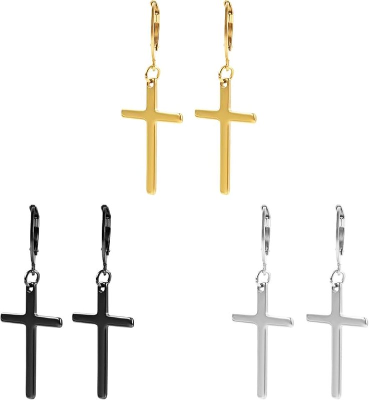 Mikovivi 3 Pairs Cross Earrings, Stylish Stainless Steel Dangle Earrings for Men Gold Black Silver Crucifix Cross Earrings for Men Jewelry Gift, Medium, Stainless Steel, No Gemstone