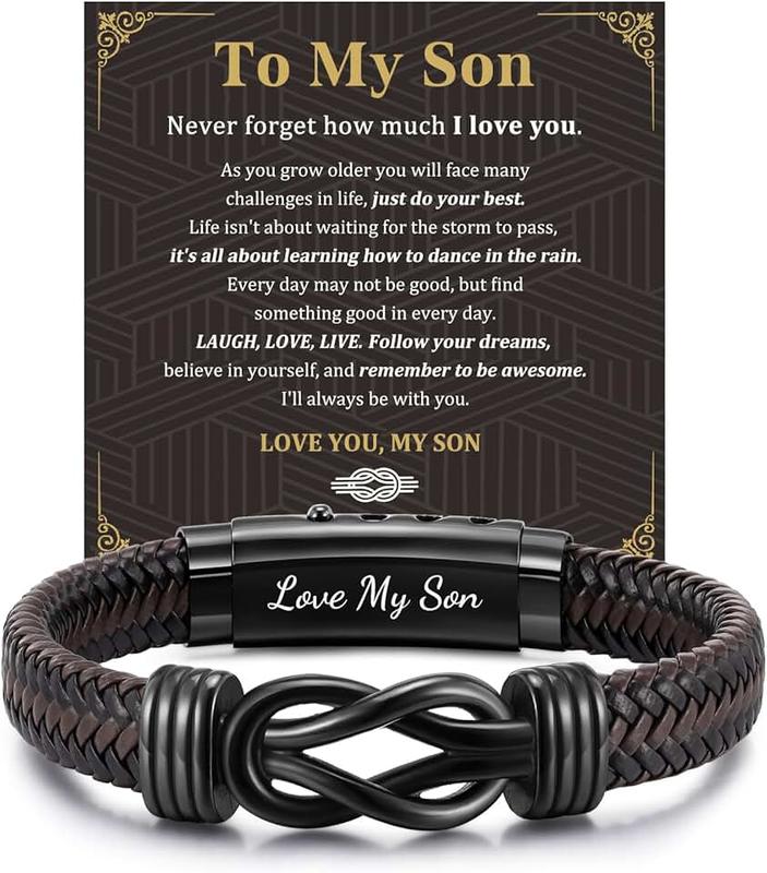 FLHEART Men's Bracelets Gifts for Men - Brown Braided Leather Infinity Knot Bracelets Engraved Love Massage for Son Daddy Man Brother Husband Boyfriend, Personalised Mens Bracelets Gift for Birthday Christmas