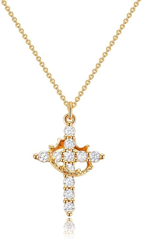 Robaice Crown Cross Necklace for Women 14K Gold Plated Crown Cross Pendant Necklace Simple Diamond Gold Necklaces Faith Cross Jewelry First Communion Necklace