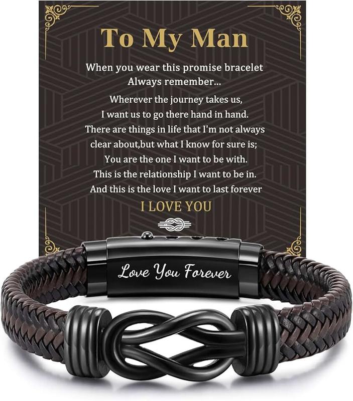 FLHEART Men's Bracelets Gifts for Men - Brown Braided Leather Infinity Knot Bracelets Engraved Love Massage for Son Daddy Man Brother Husband Boyfriend, Personalised Mens Bracelets Gift for Birthday Christmas