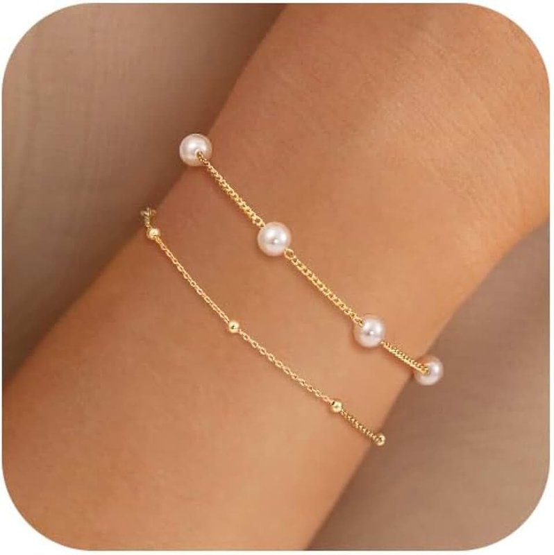 NECOCY 14K Gold Plated Pearl Bracelets for Women, Dainty Bracelets Stack Trendy Pearls Beaded Link Chain Charm Bracelets Set Layered Non Tarnish Tiny Cute Jewelry for Women