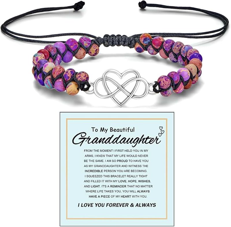 DivaGlamz To My Granddaughter-Infinity Forever Love Heart Bracelet, Natural Emperor Stone Double Layer Purple Beaded Woven Wrap Bracelets Adjustable Mind Peace Gift Jewelry