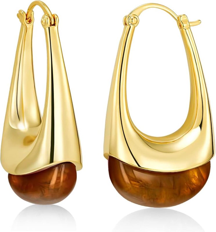 SNGIA Long Oval Chunky Dangle 18K gold plated Hoops with Colored Resin Gemstone Statement Earrings for Women by SNGIA, (Green, Brown, Blue, Pink, White, Cream), Bold Drop Handmade Exaggerated