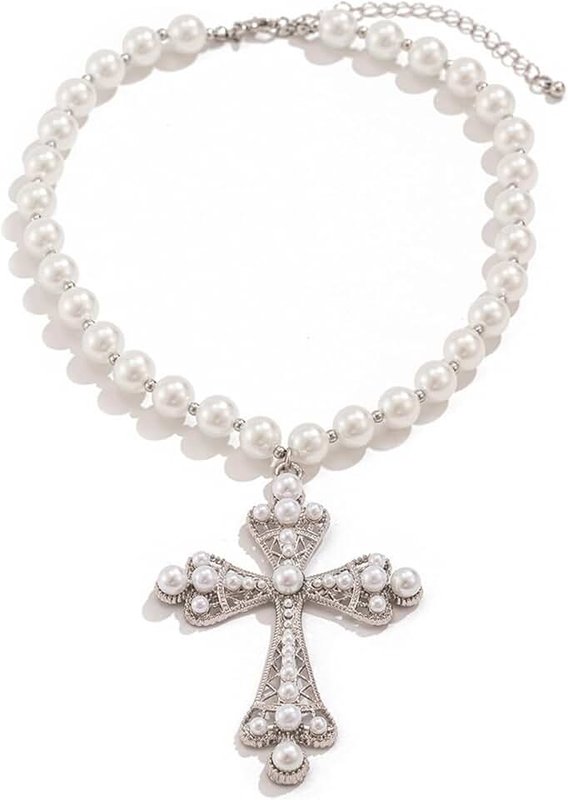 wsycoo Gothic Necklace Pearl Cross Necklaces Big Cross Necklace Chunky Cross Necklace Punk Pearl Cross Pendants Necklace Vintage Charm Necklace Gothic Cross Necklace Goth Jewelry for Women