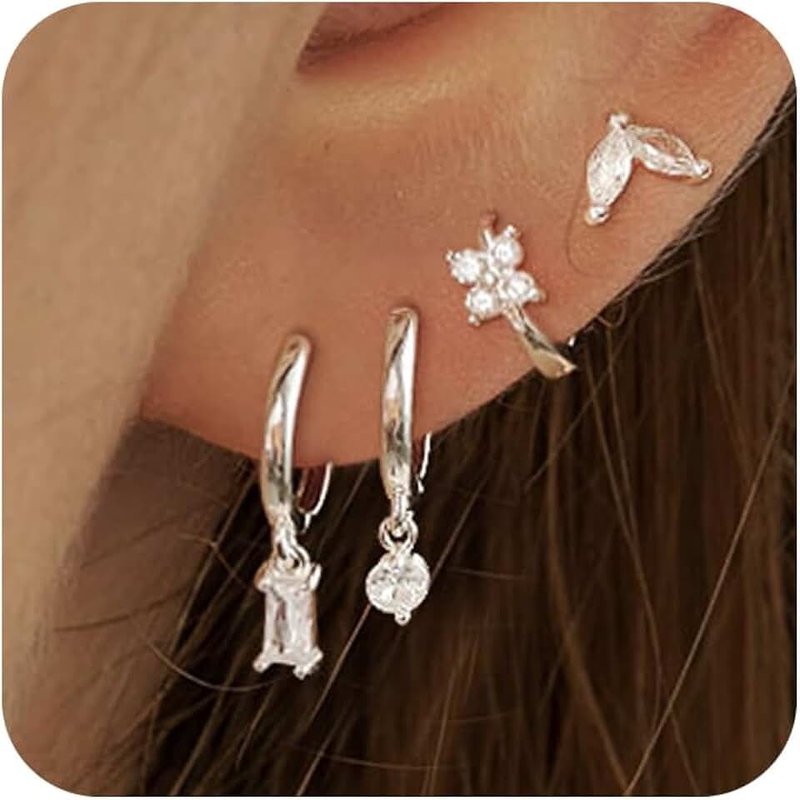 Hothrty Silver Earrings for Women Hypoallergenic Huggies Earring Stack Gold Silver Jewelry Set Dainty Diamond Hoop Jewelry for Woman