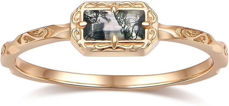 FAMIVES Baguette Wedding Band for Women Solitaire Cubic Zirconia Opal Pink Sapphire Moss Agate Stacking Rings Vintage Filigree Dainty Promise Rings Anniversary Jewelry