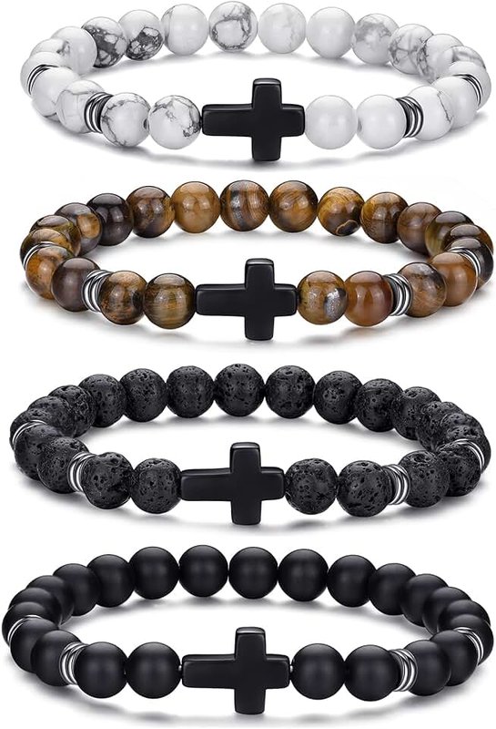 RANKEEF Tiger Eye Bracelet For Men 8MM Natural Stone Beads Bracelet Set Stretch Lava Rock Bracelets Adjustable Black Crystal Beaded Bracelet for Men Women Gifts