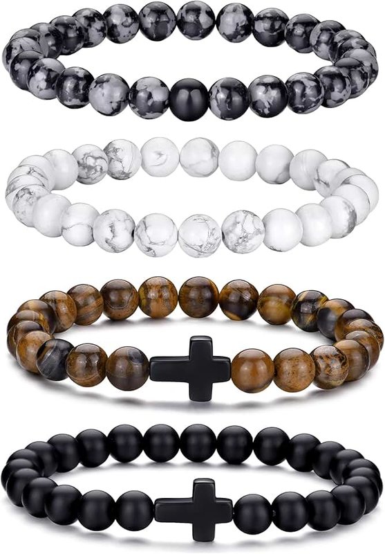 RANKEEF Tiger Eye Bracelet For Men 8MM Natural Stone Beads Bracelet Set Stretch Lava Rock Bracelets Adjustable Black Crystal Beaded Bracelet for Men Women Gifts