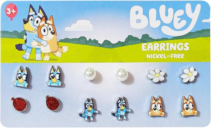 Luv Her Bluey Hypoallergenic Earrings for Girls Ages 4+ - Safe Stud & Fishhook Styles - Jewelry Gift for Sensitive Ears & Cartoon Lovers, 6 Pairs, Stainless Steel, No Gemstone