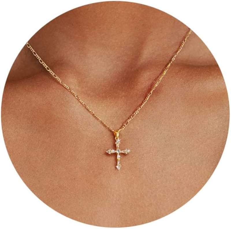 LuckFairy Cross Necklace for Women,Double Cross Necklace 14K Gold Plated Cross Pendant Necklace Dainty Gold Cross Necklaces for Women Trendy Small Cross Charm Necklace Simple Cute Choker Necklaces Gold Jewery