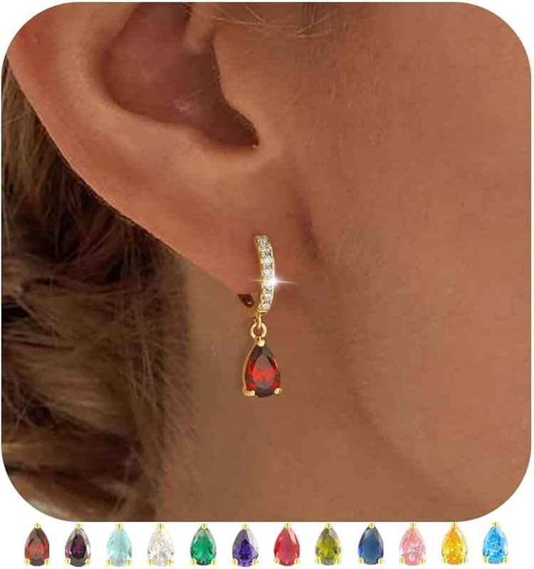 TOBENY Dangle Earrings for Women Trendy 14K Plated Hypoallergenic Drop Hoop Earrings Dainty Diamond Green Emerald Birthstone Huggie Earrings for Birthday Gifts