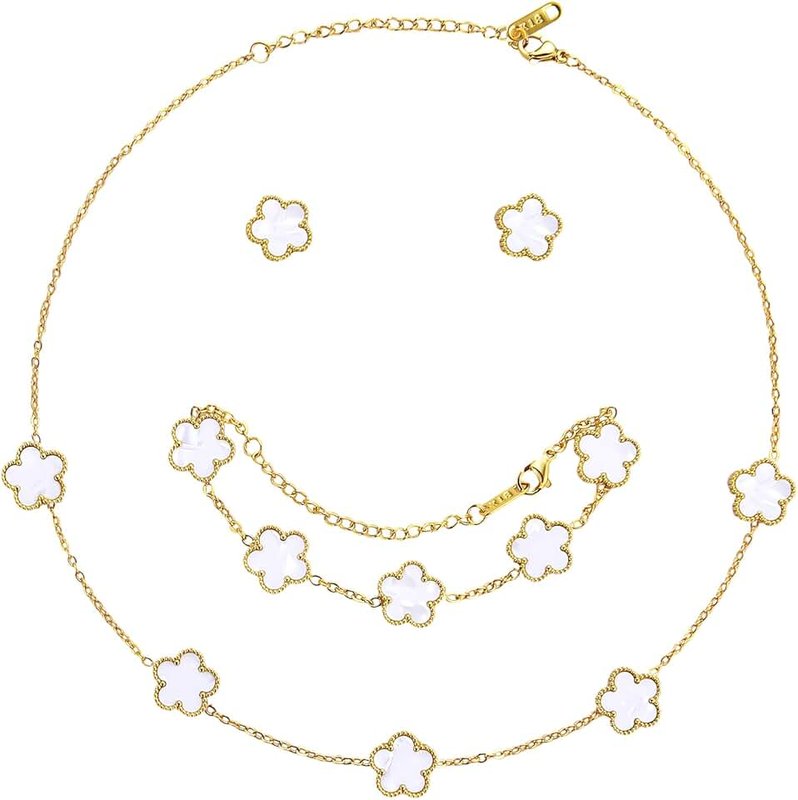 AmorArtSky Lucky Clover Necklace Jewelry Sets,18K Gold Plated Flower Design Five Leaf Bracelet,Clover Necklace Pendant,Clover Earrings for Women Lucky Gifts for Mom,Wife, Daughter,Friends ClimatePartner certified