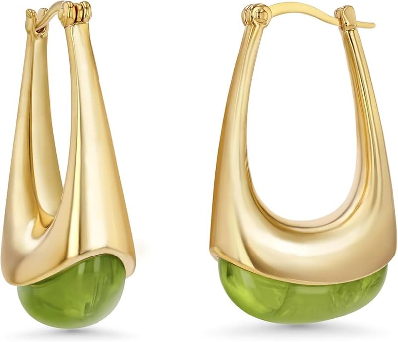 SNGIA Long Oval Chunky Dangle 18K gold plated Hoops with Colored Resin Gemstone Statement Earrings for Women by SNGIA, (Green, Brown, Blue, Pink, White, Cream), Bold Drop Handmade Exaggerated