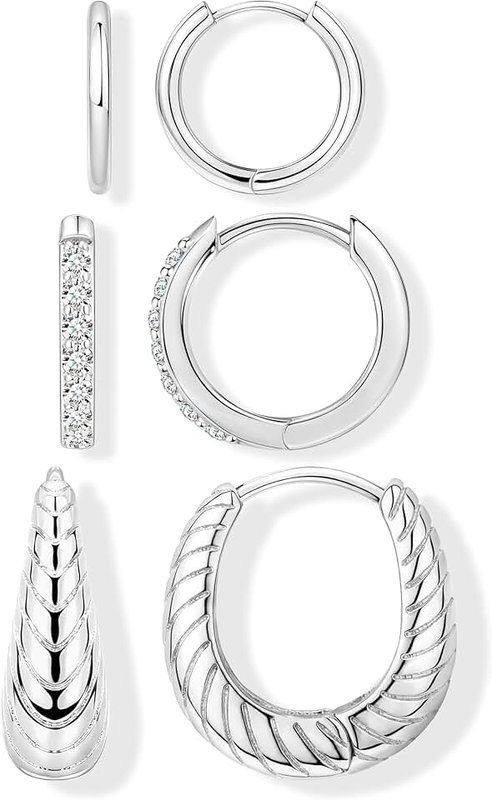 Poxtex Small Sterling Silver Hoop Huggie Earrings Set for Women, Silver Stud Earrings for Multiple Piercing Hypoallergenic Trendy Jewelry, Dainty Jackets Cartilage Cubic Zircon Earrings for Women's Gifts