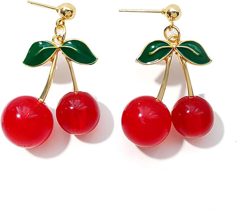 POYAMUSE Sweet Red Cherry Dangle Earrings for Women - Red Cherries and Green Leaves Drop Earrings - Aesthetic Fruit Spring Jewelry