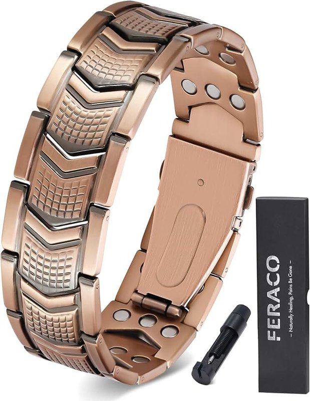 Feraco Copper Bracelet for Men 3X Strength,Magnetic Therapy Bracelet Copper Jewelry with Powerful 3800 Gauss Magnets,Premium Fold-Over Clasp(Upgrade), Metal