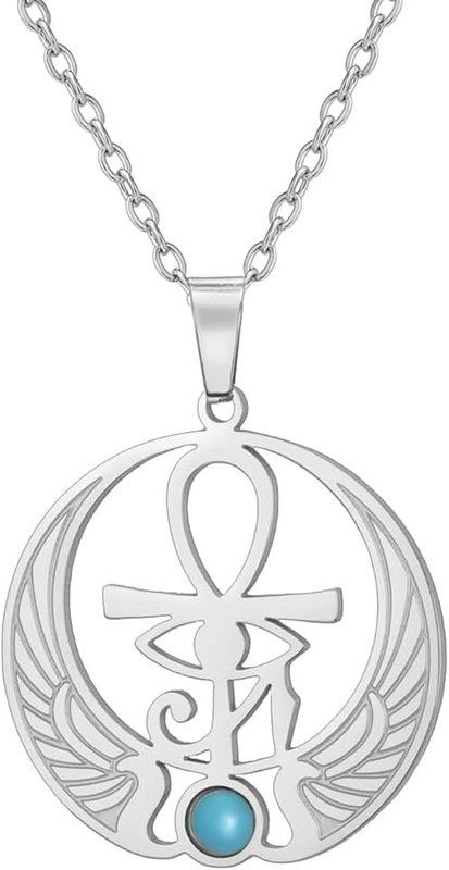 EUEAVAN Ankh Cross Eye of Horus Gemstone Necklace Key of Life Scarab Pendant Egyptian Goddess Isis Necklace Ancient Egyptian Protection Amulet Religious Jewelry for Women Men