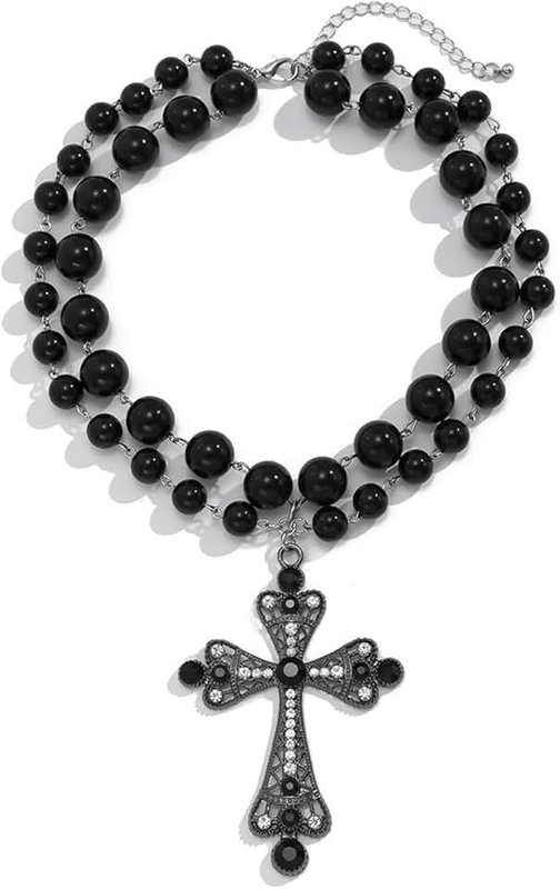 wsycoo Gothic Necklace Pearl Cross Necklaces Big Cross Necklace Chunky Cross Necklace Punk Pearl Cross Pendants Necklace Vintage Charm Necklace Gothic Cross Necklace Goth Jewelry for Women