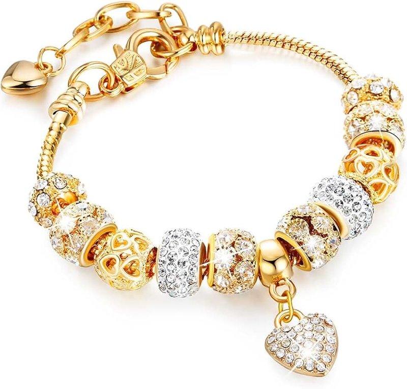 Sinalty Gold Beads Bracelets Rhinestone Heart Charm Bracelet Luxury Adjustable Bangle for Women